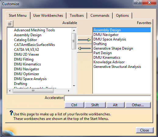 Create rapid links to most used CATIA modules